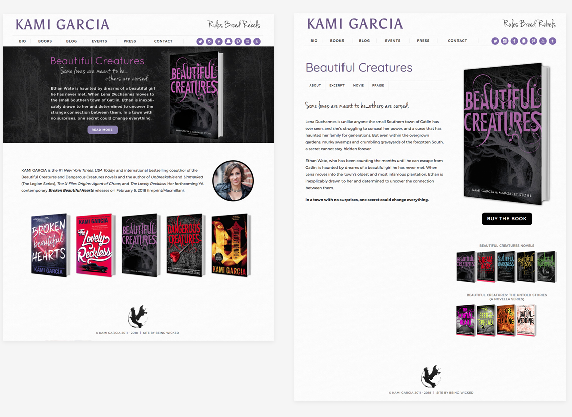 Details of website design for Kami Garcia