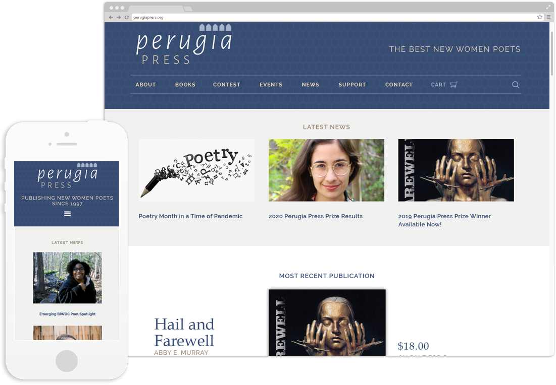 Perugia Press's website on desktop and mobile browsers