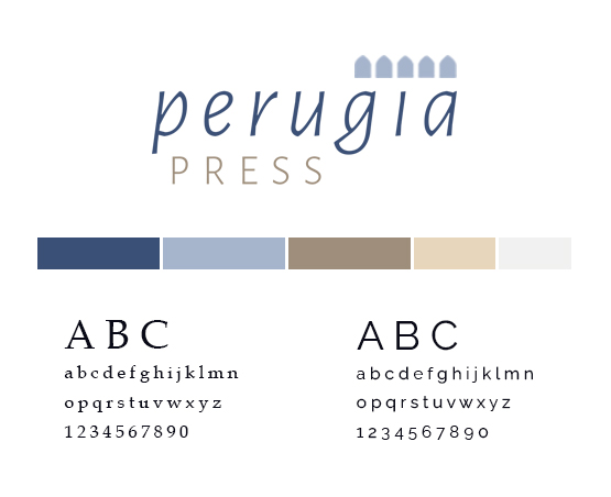 Perugia Press's style guide with logo and colour palette