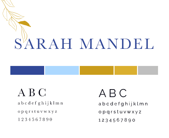 Sarah Mandel's style guide with logo and colour palette