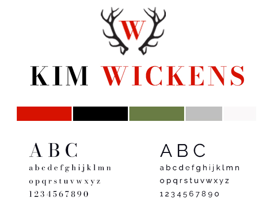 Kim Wickens's style guide with logo and colour palette