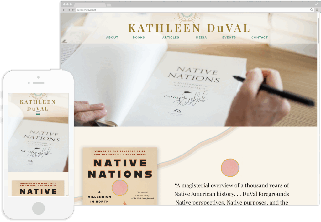 Screenshot of Kathleen DuVal's site on mobile and desktop